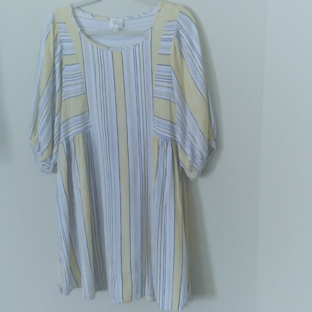 Ava James Linen Blend Navy and Yellow Striped Nautical‎ Beachy Babydoll Dress